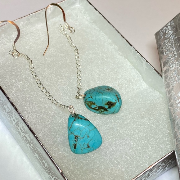 Turquoise Nugget Sterling Silver Drop Dangle Earrings - Picture 10 of 14